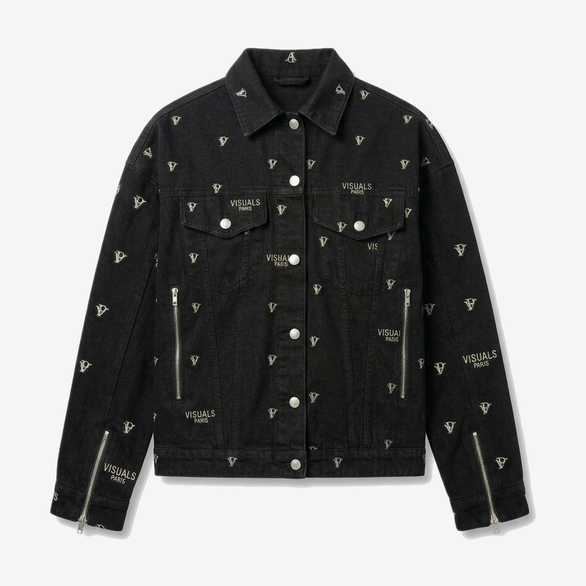 Monogram Denim Trucker Jacket in Black Denim — signature VISUALS PARIS design detail