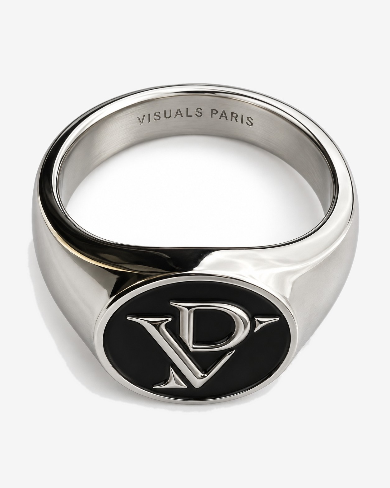 LE SCEAU — VP Monogram Signet Ring in Silver Finish / Black — studio view