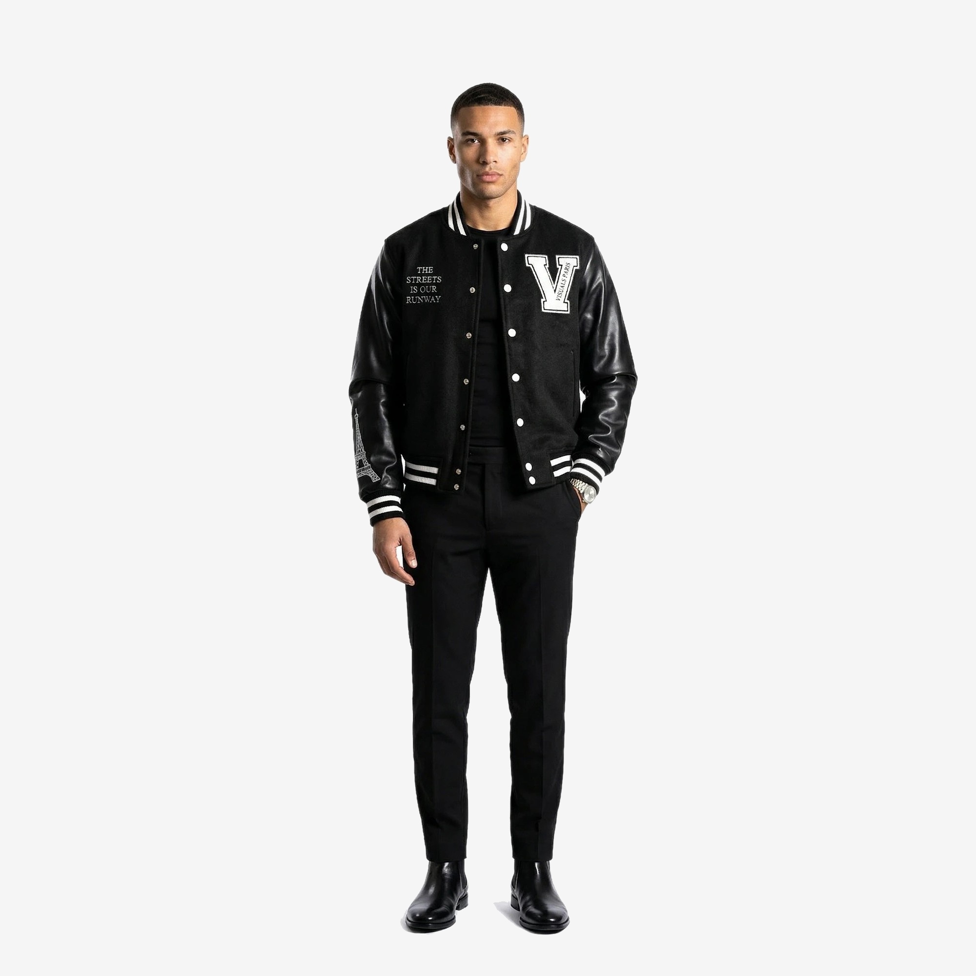 Tour Eiffel Varsity Jacket in Black / Ivory — worn by a model