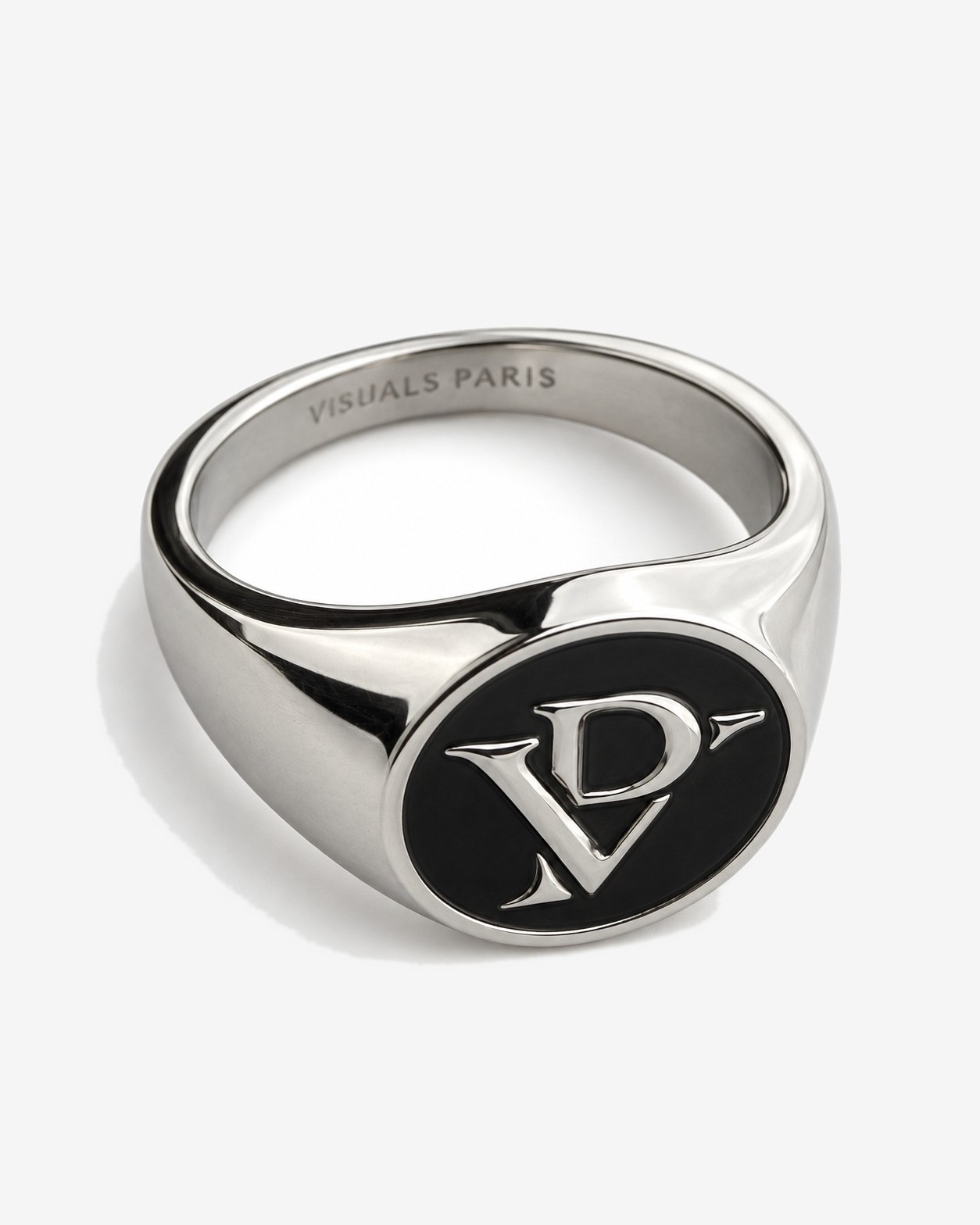 LE SCEAU — VP Monogram Signet Ring in Silver Finish / Black — studio view