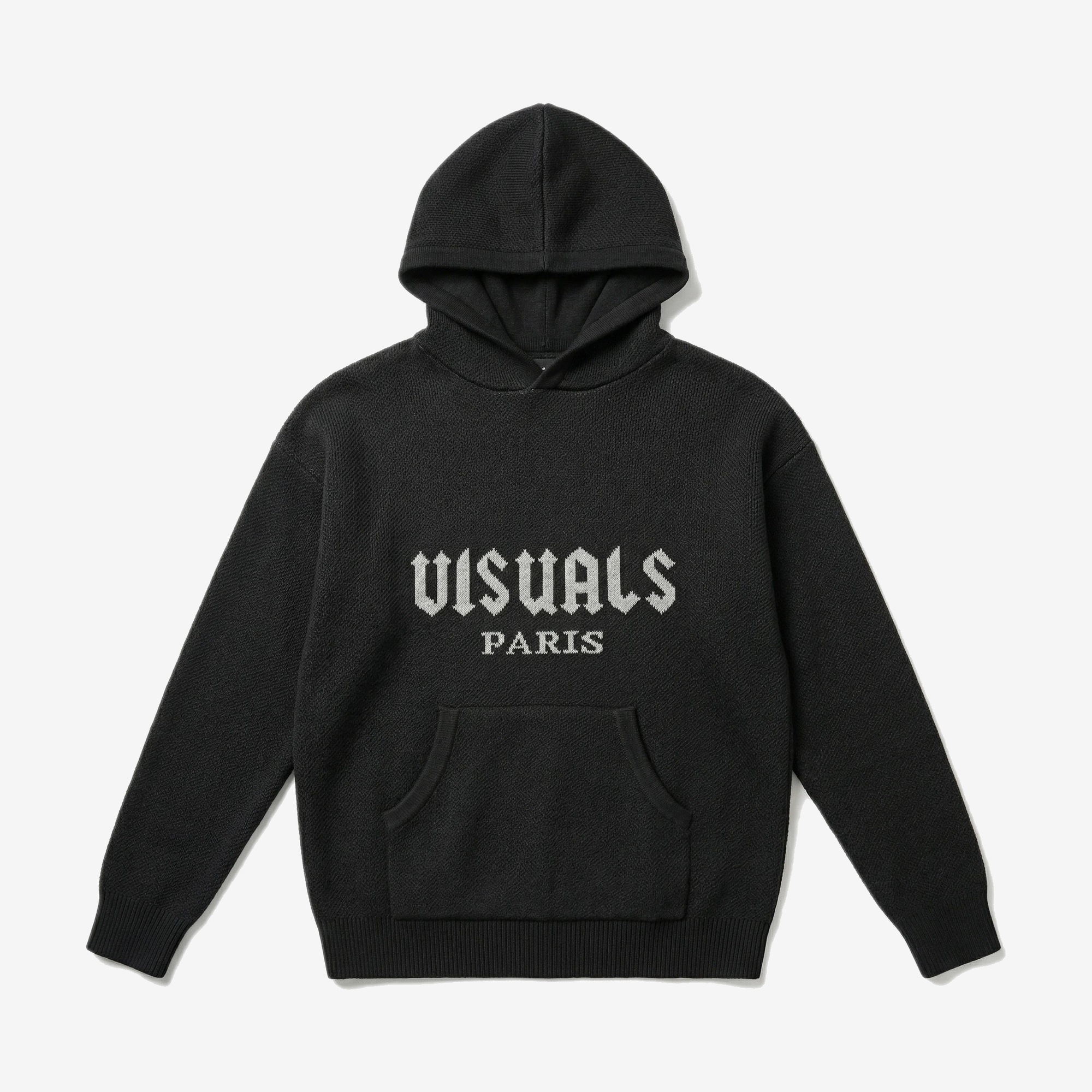 Gothique Knit Hoodie in Noir Black — signature VISUALS PARIS design detail