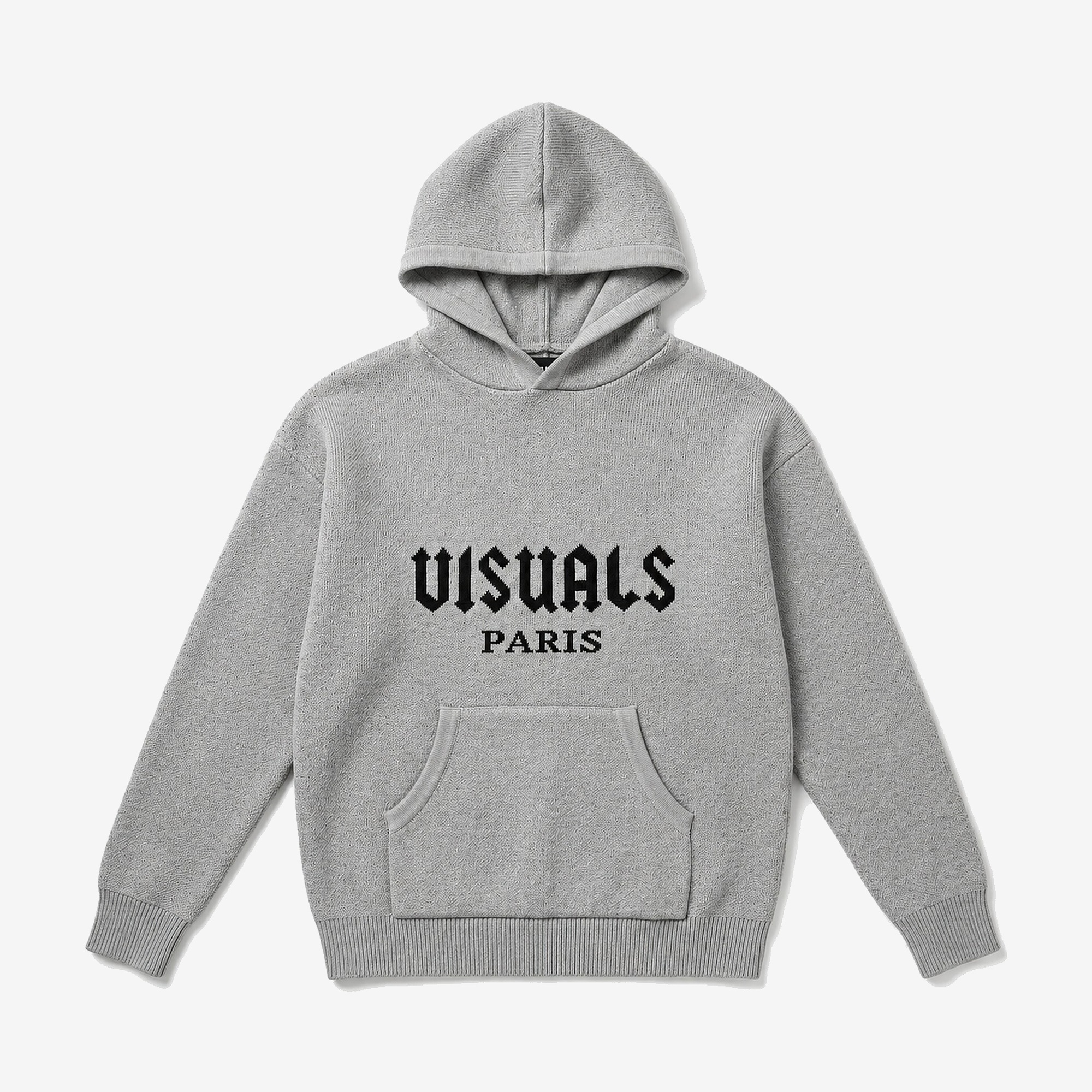 Gothique Knit Hoodie in Heather Grey — worn by a model