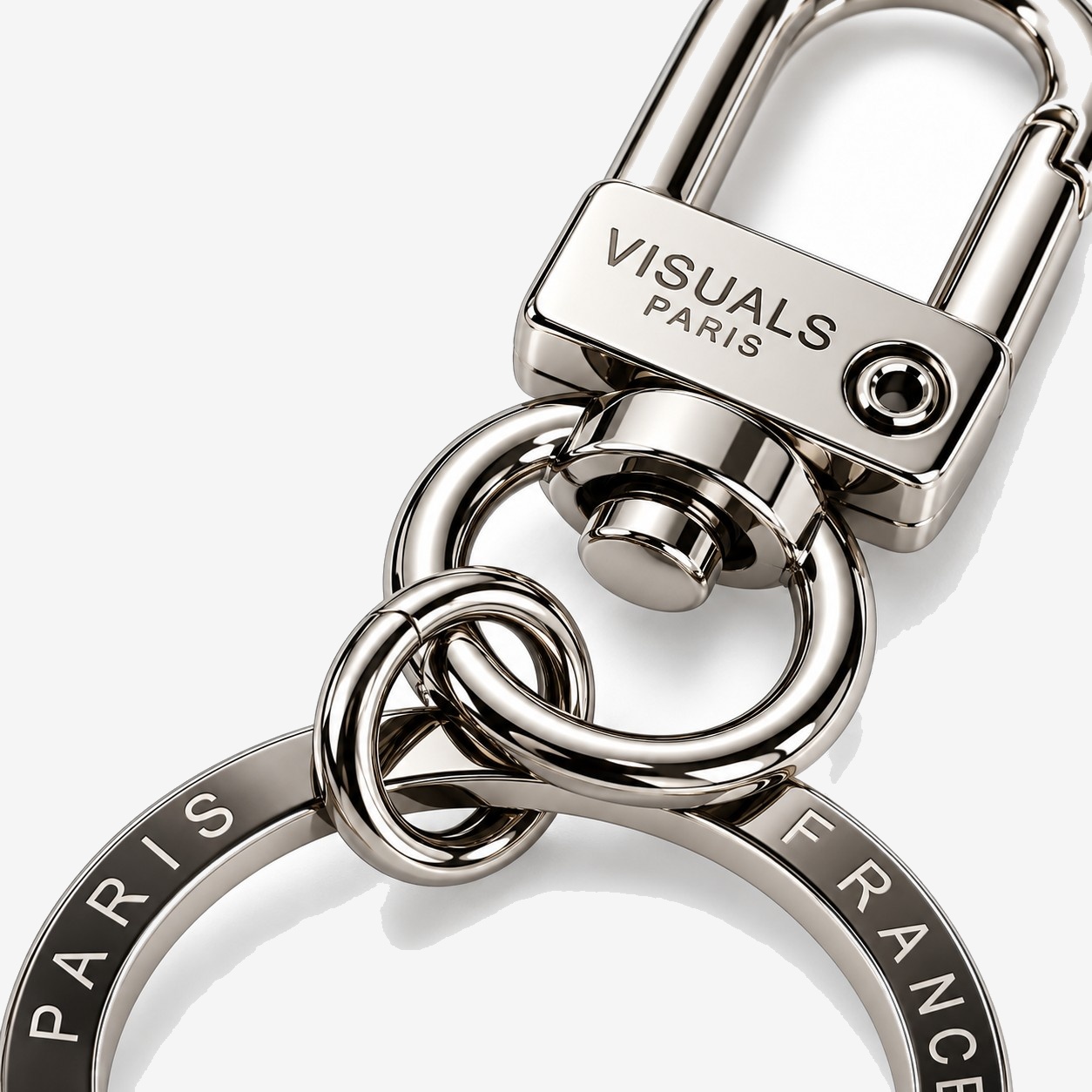 VP Signature Keychain in Polished Nickel — signature VISUALS PARIS design detail
