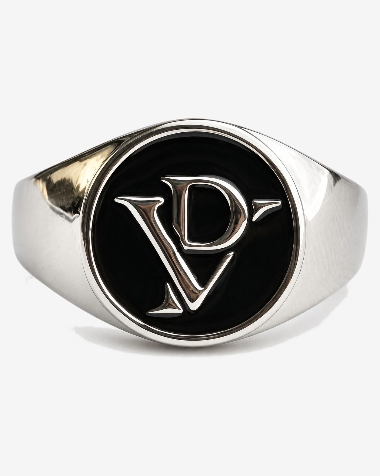 LE SCEAU — VP Monogram Signet Ring in Silver Finish / Black — studio view