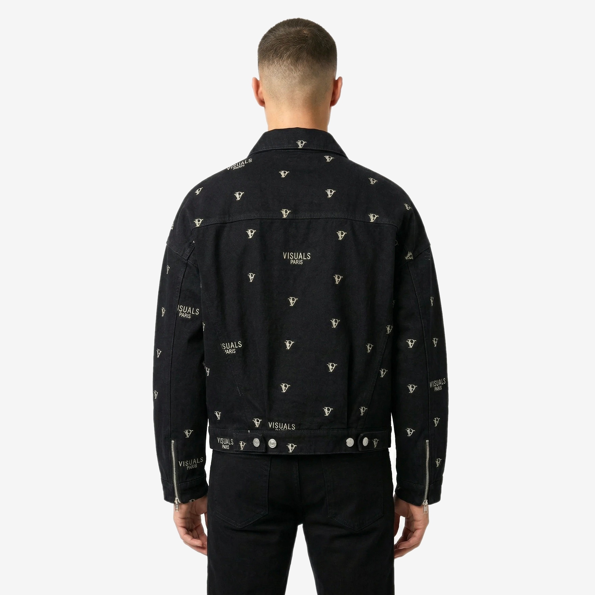 Monogram Denim Trucker Jacket in Black Denim — worn by a model