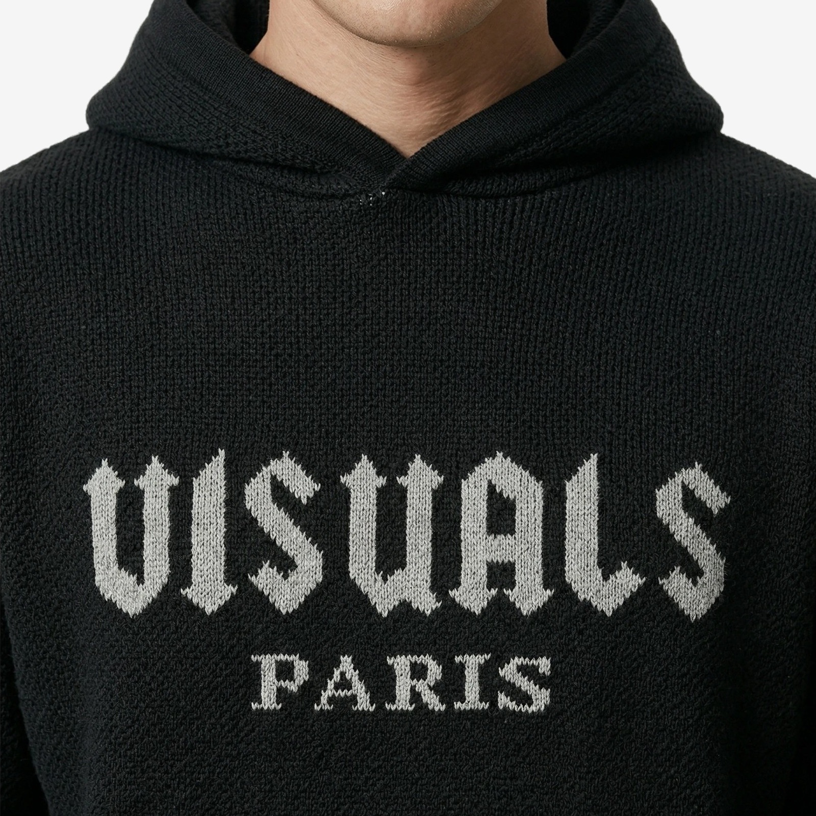 Gothique Knit Hoodie in Noir Black — worn by a model