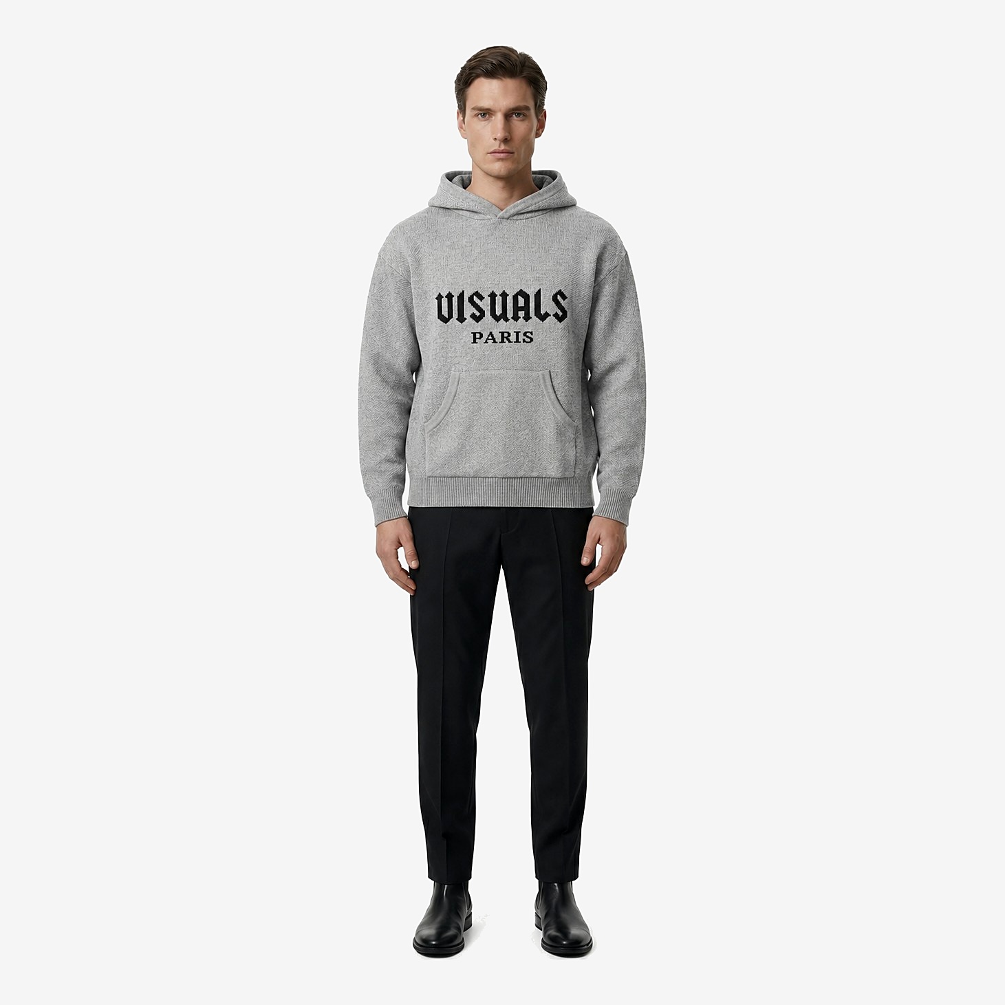 Gothique Knit Hoodie in Heather Grey — worn by a model