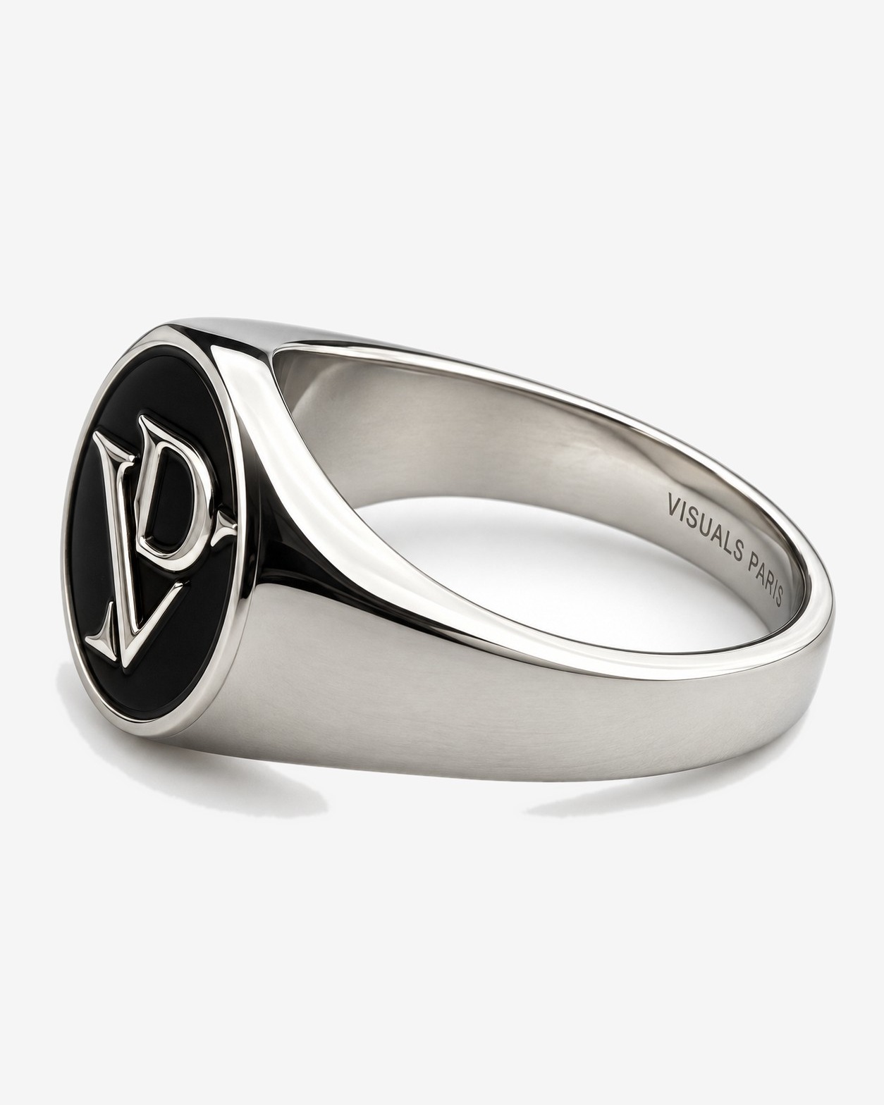 LE SCEAU — VP Monogram Signet Ring in Silver Finish / Black — studio view