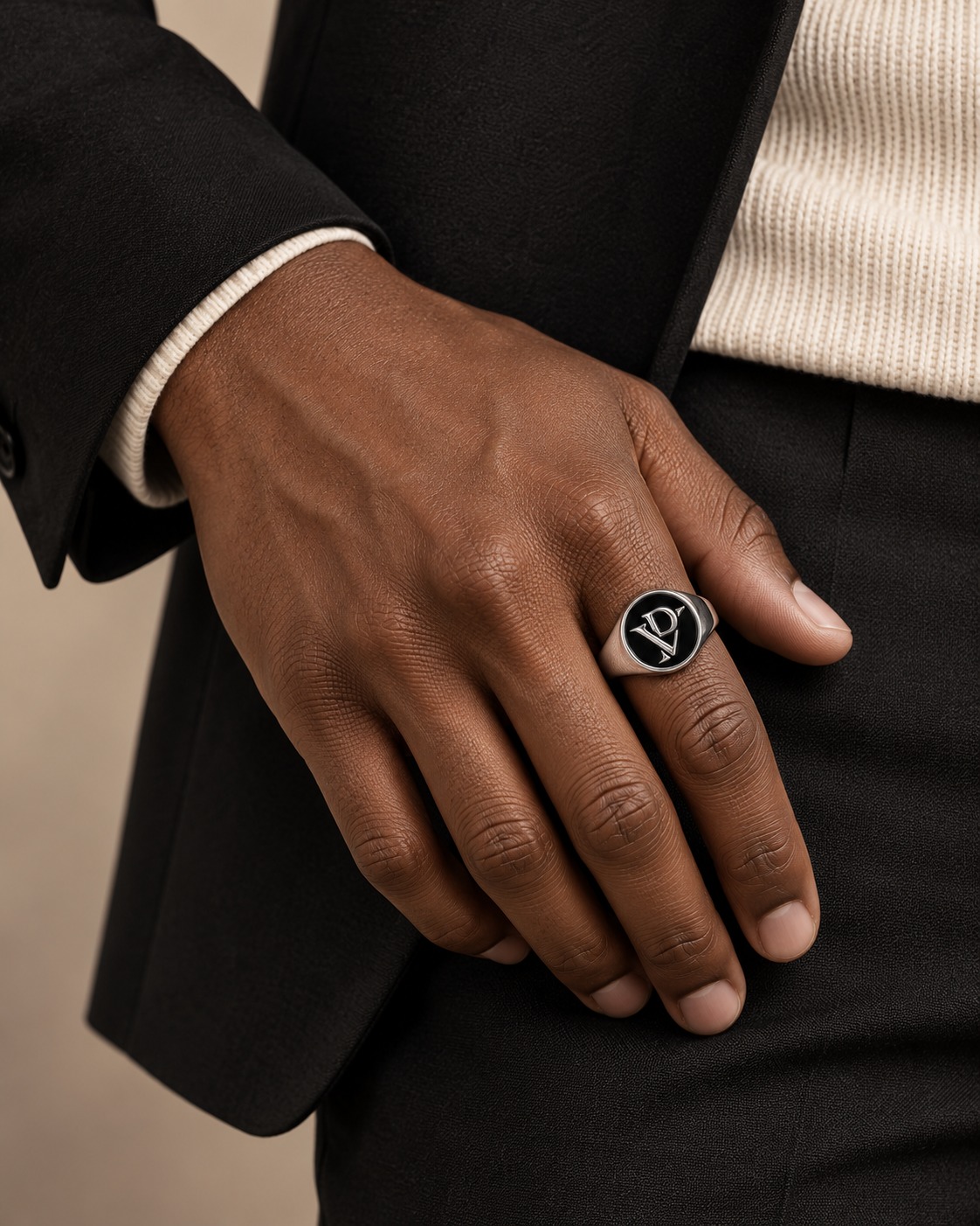 LE SCEAU — VP Monogram Signet Ring in Silver Finish / Black — studio view