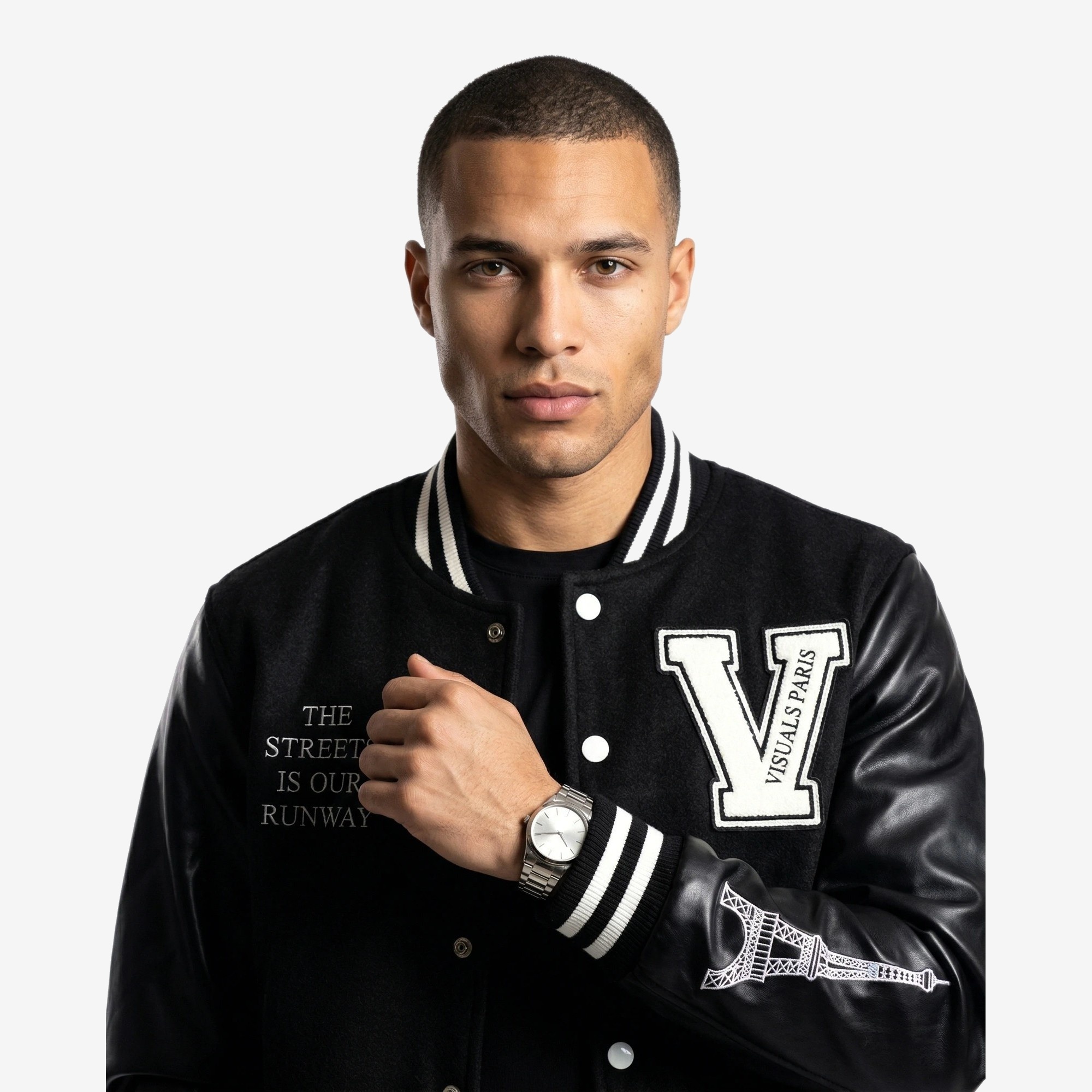 Tour Eiffel Varsity Jacket in Black / Ivory — worn by a model