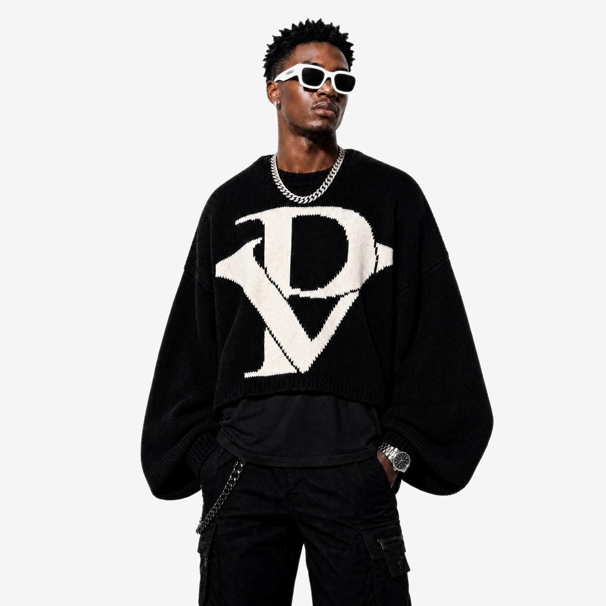 Monogram Knit Crop Sweater in Black / Ivory — worn by a model