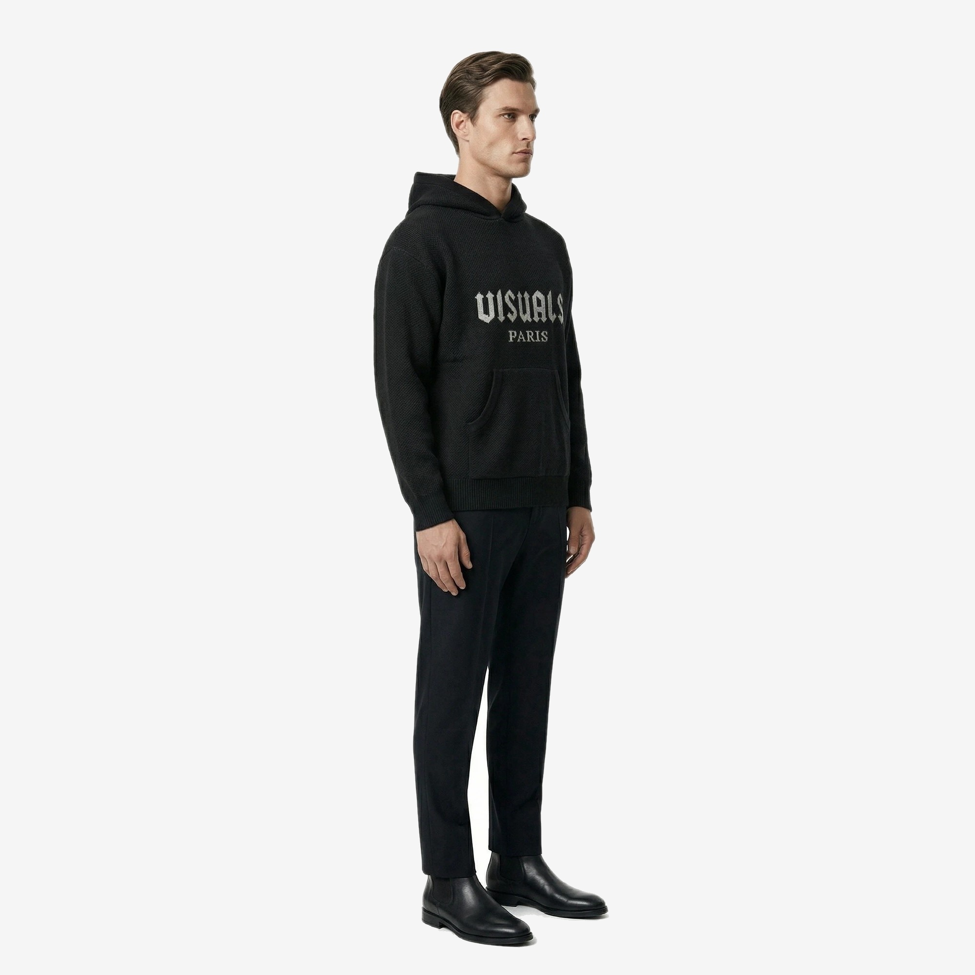 Gothique Knit Hoodie in Noir Black — worn by a model