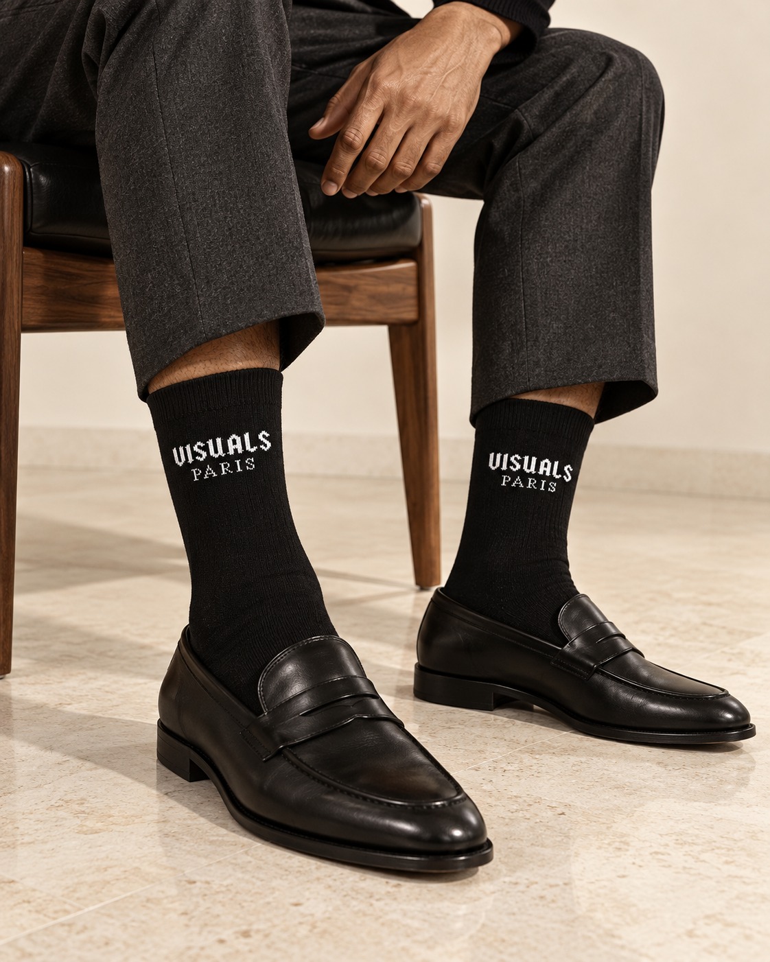 Visuals Paris Signature Crew Socks in Black / White — studio view