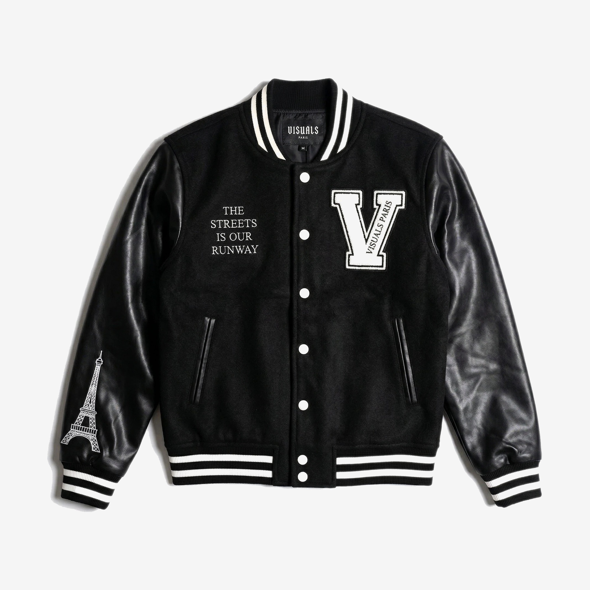 Tour Eiffel Varsity Jacket in Black / Ivory — signature VISUALS PARIS design detail