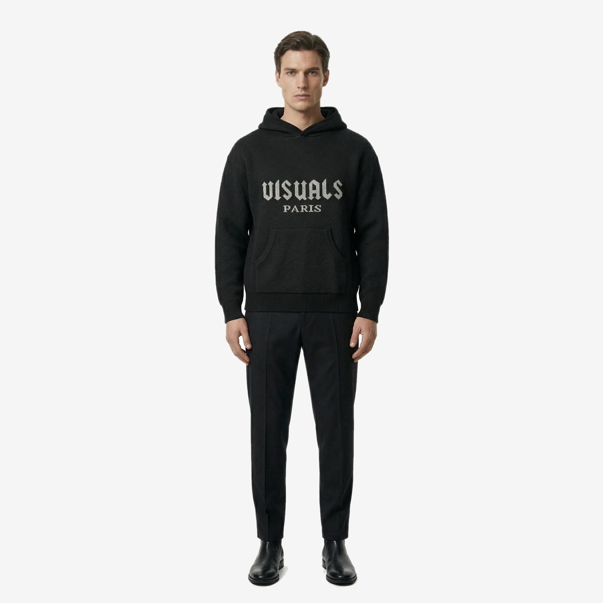 Gothique Knit Hoodie in Noir Black — worn by a model