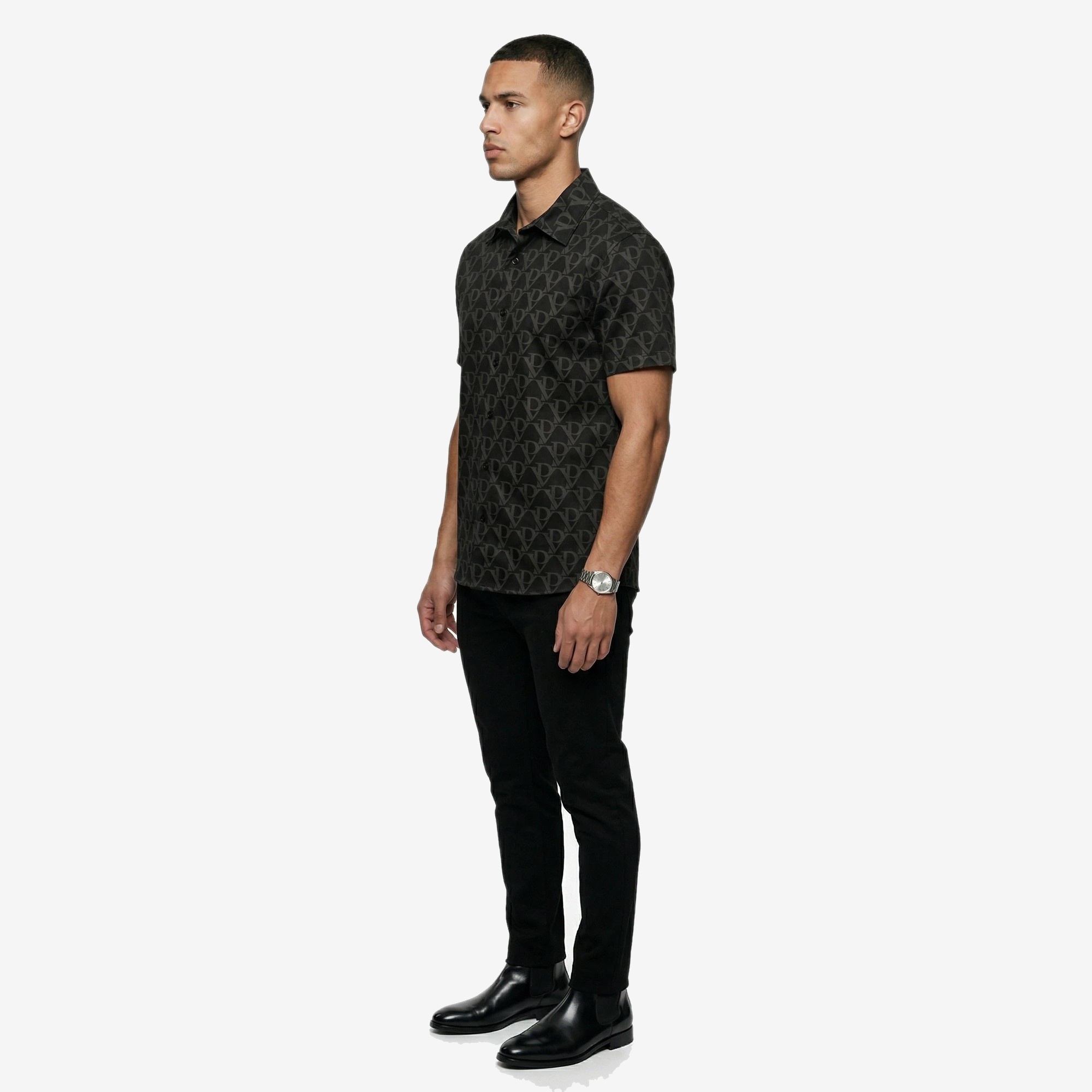 Monogram Camp Collar Shirt in Black Monogram — worn by a model