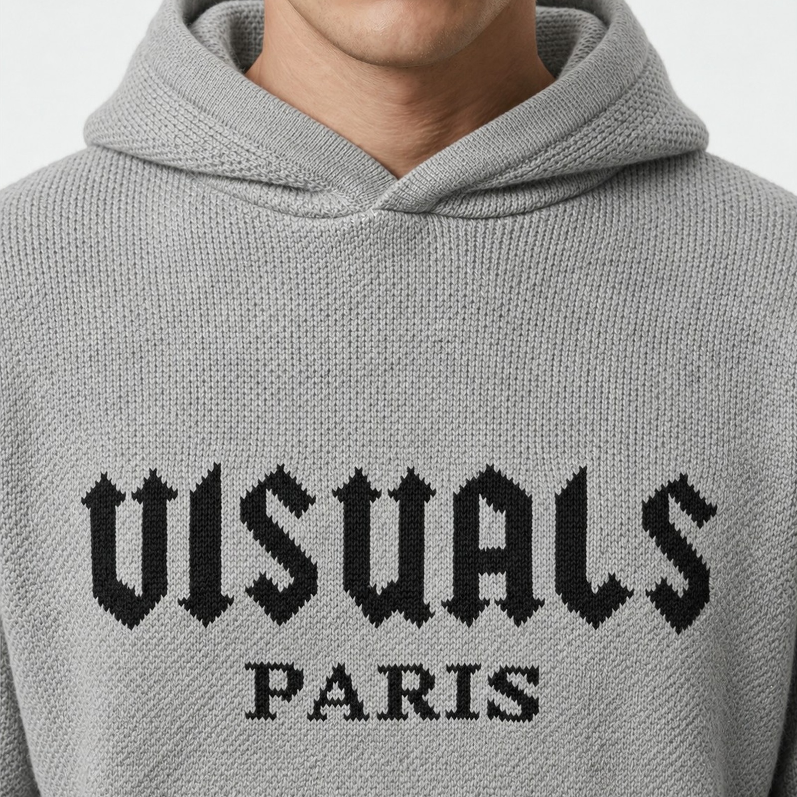 Gothique Knit Hoodie in Heather Grey — worn by a model