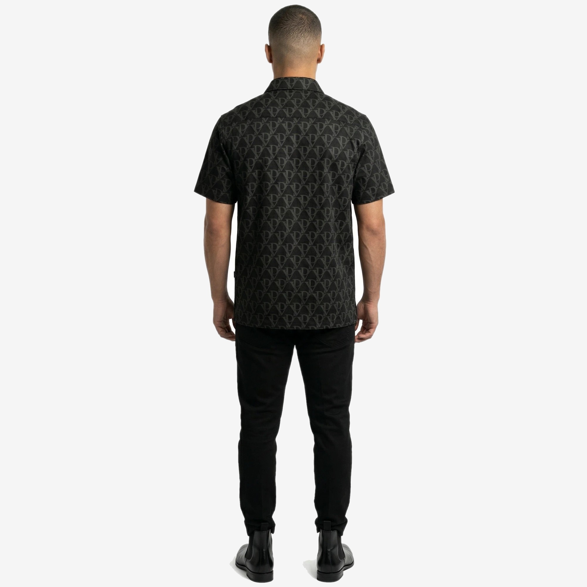 Monogram Camp Collar Shirt in Black Monogram — worn by a model