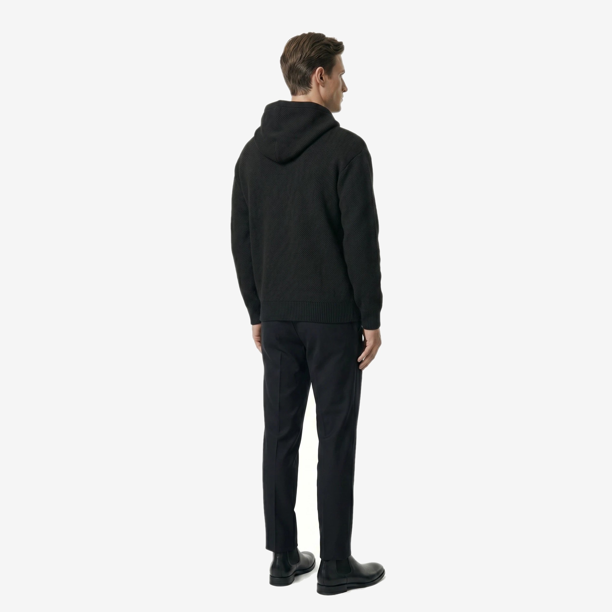 Gothique Knit Hoodie in Noir Black — worn by a model