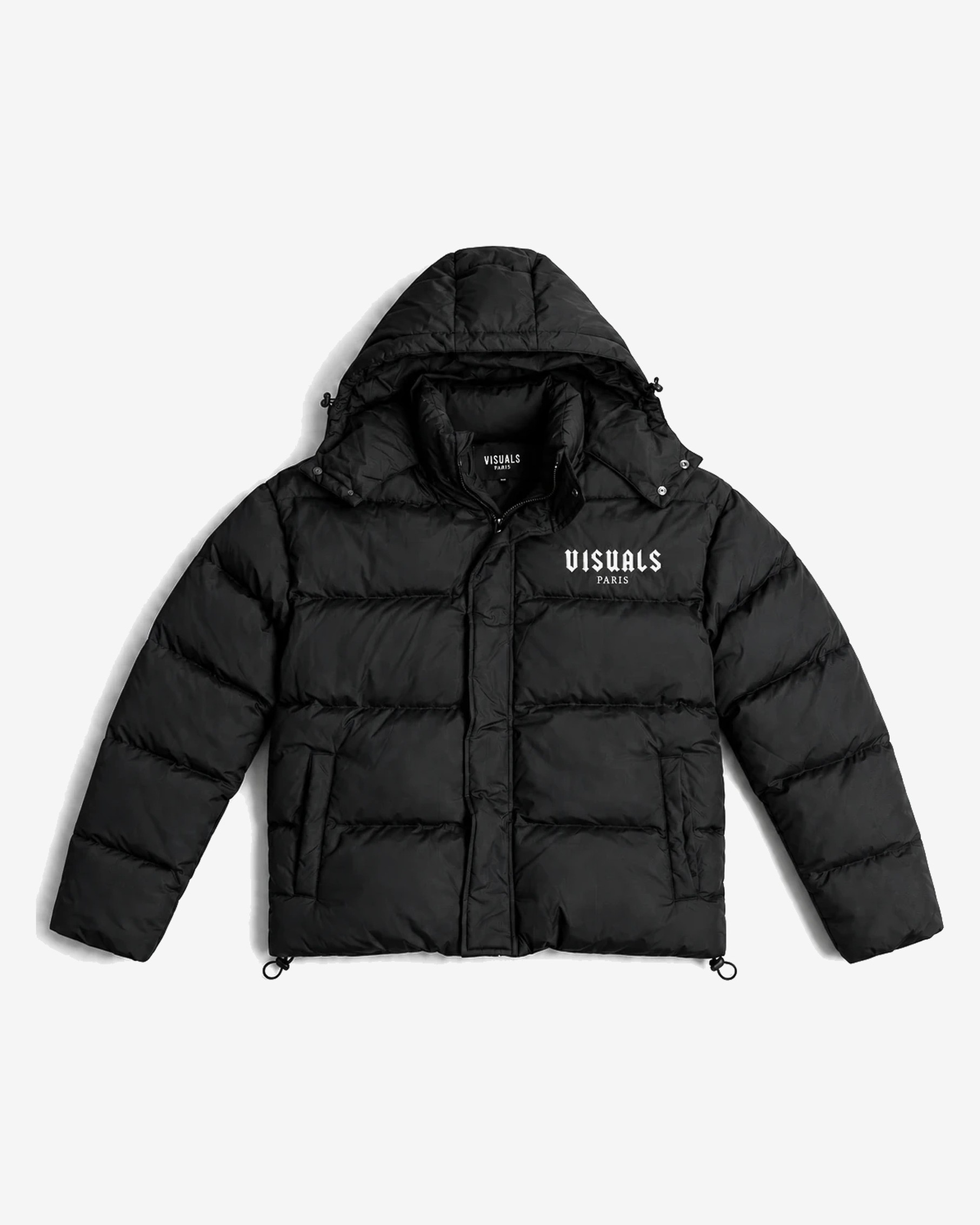 Gothic Logo Puffer Jacket in Black / White — studio view