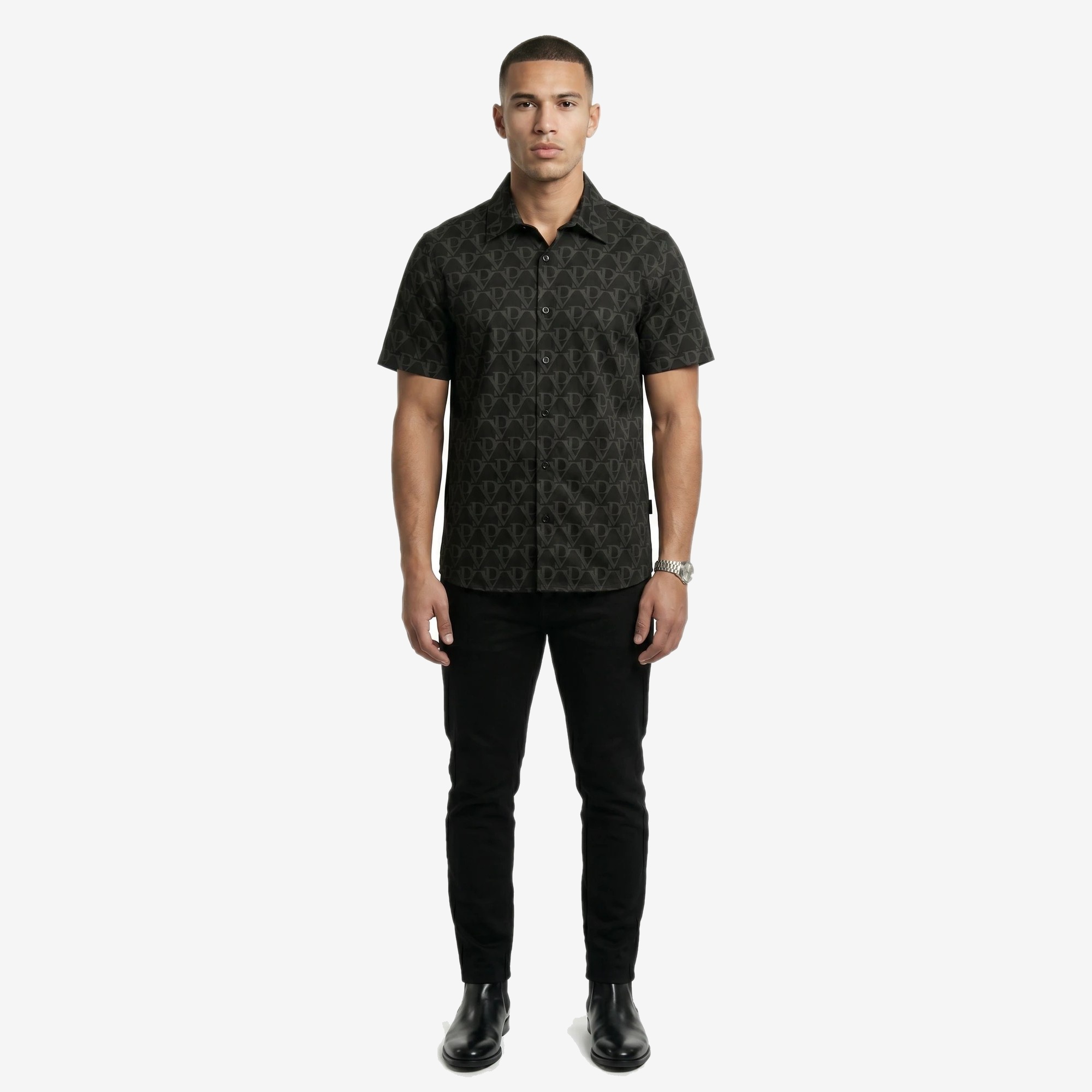 Monogram Camp Collar Shirt in Black Monogram — worn by a model