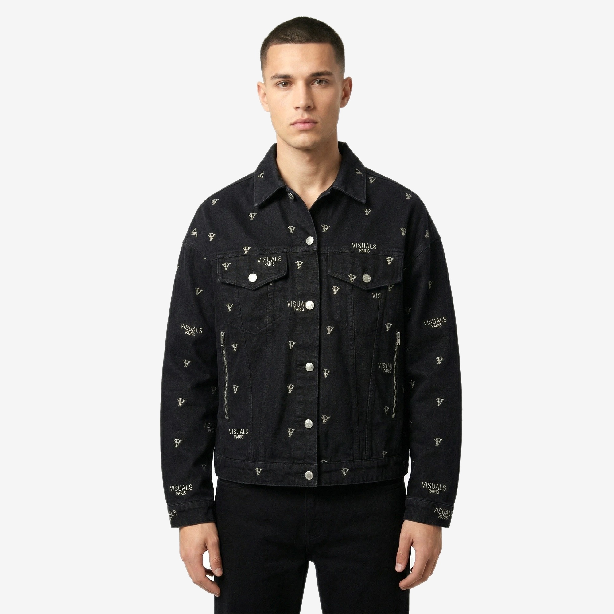 Monogram Denim Trucker Jacket in Black Denim — worn by a model