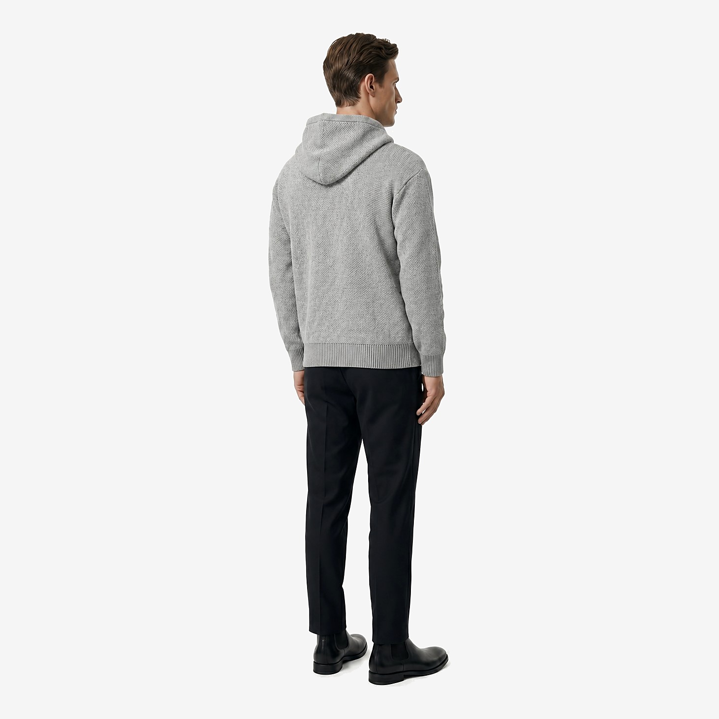 Gothique Knit Hoodie in Heather Grey — worn by a model