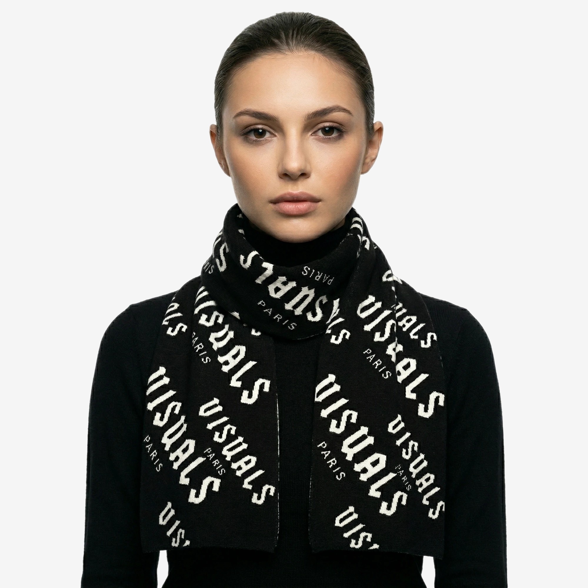 Reversible Monogram Scarf in Black / White — signature VISUALS PARIS design detail
