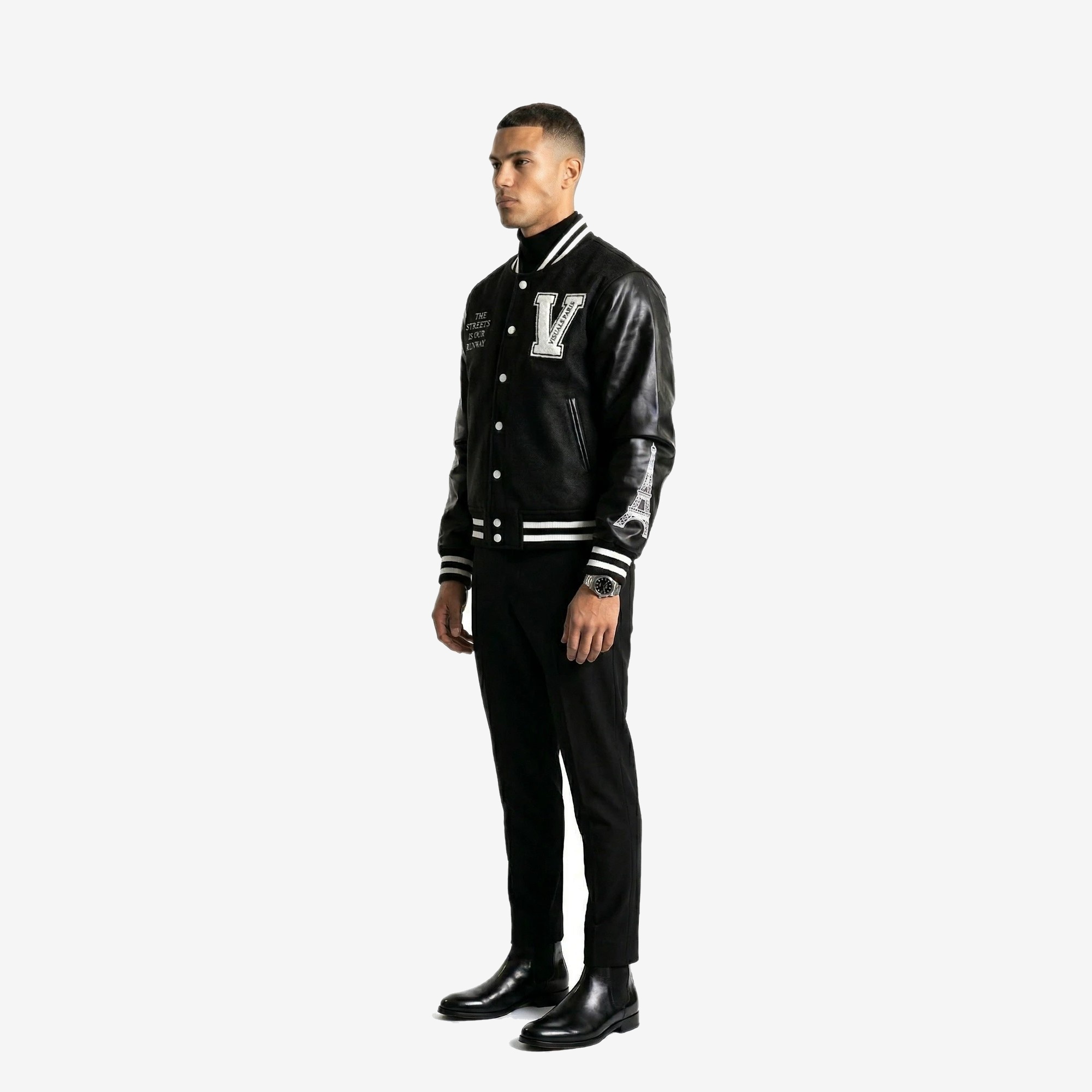 Tour Eiffel Varsity Jacket in Black / Ivory — worn by a model