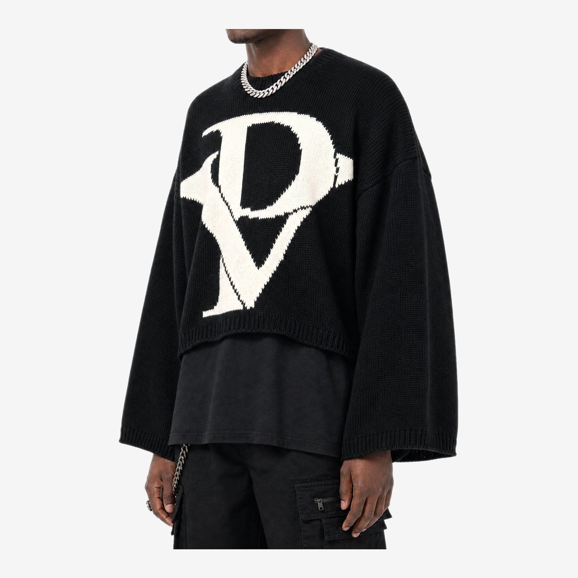 Monogram Knit Crop Sweater in Black / Ivory — worn by a model