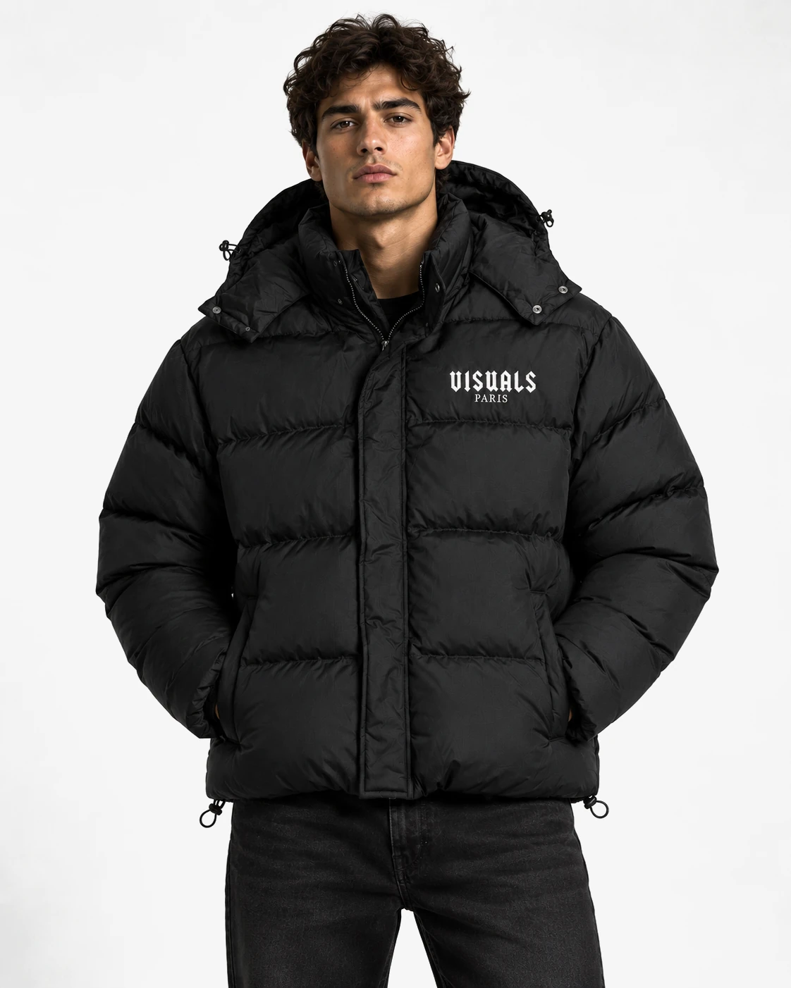 Gothic Logo Puffer Jacket in Black / White — signature VISUALS PARIS design detail