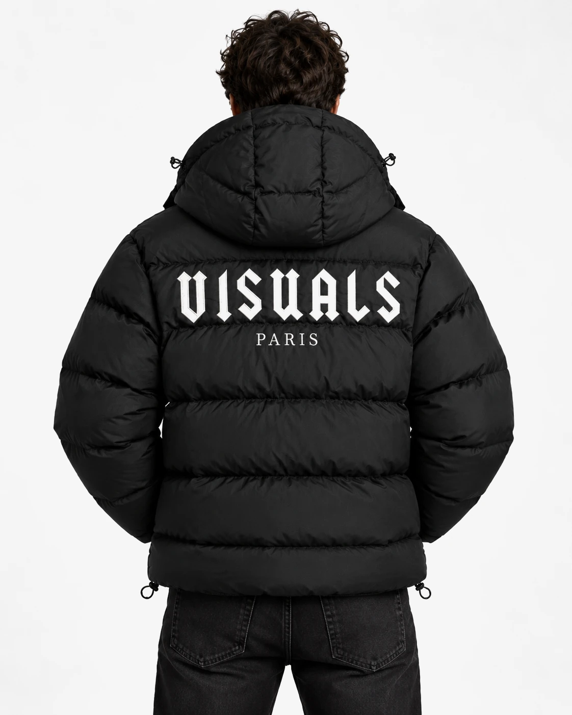 Gothic Logo Puffer Jacket in Black / White — worn by a model