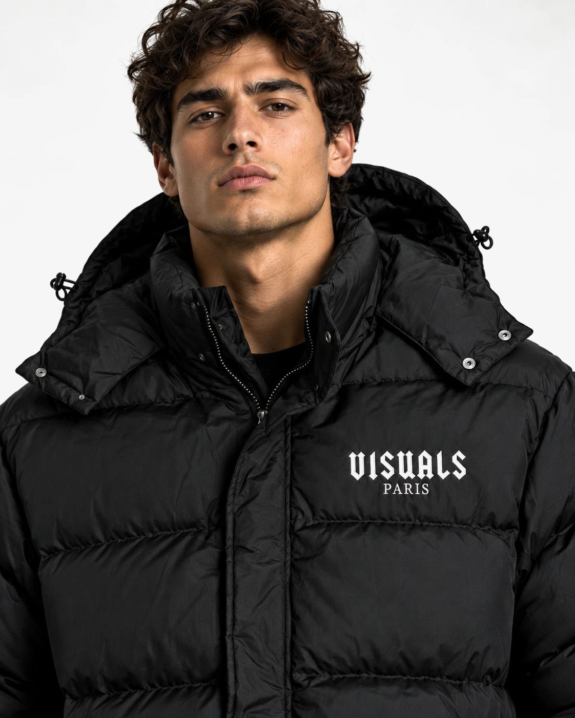 Gothic Logo Puffer Jacket in Black / White — worn by a model