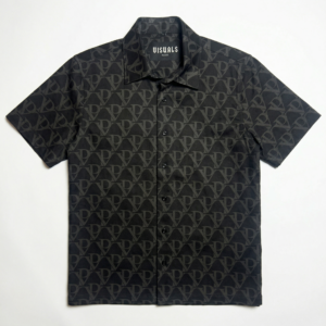 Dark grey/black shirt with interlocking V and P monogram pattern short-sleeved button down