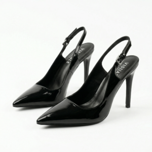 Black patent stiletto slingback heels with pointed toe and adjustable adjustable ankle strap
