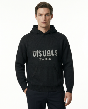 VISUALS PARIS Gothique Knit Hoodie in noir black with white gothic VISUALS PARIS wordmark across the chest